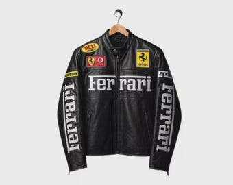 Handgefertigte Vintage 90er Jahre Ferrari F1 Racing Lederjacke, schwarze Ferrari Bikerjacke, gesticktes Racing Patch Moto Jacke Geschenk für Sie / Ihn