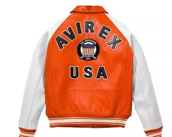 Handmade Mens Avirex Cowhide Geniune Leather Avirex Bomber Real Leather Jacket Orange Avirex Leather Jacket With White Sleeves
