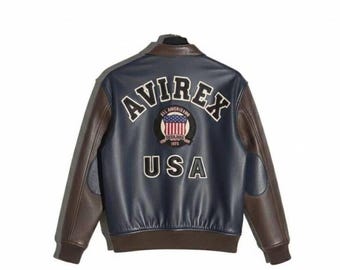 Handmade Mens Avirex Cowhide Geniune Leather Avirex Bomber Real Leather Jacket Dark Blue Avirex Leather Jacket