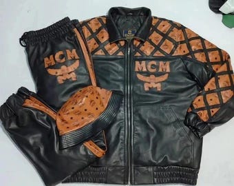 Handmade MCM Leather Suit  MCM Men Biker Leather Suit MCM Leather Suit With Leather Hat Brown Leather Suit