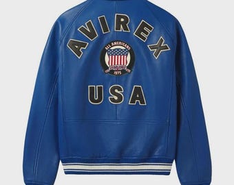 Handmade Mens Avirex Cowhide Geniune Leather Avirex Bomber Real Leather Jacket Blue Avirex Leather Jacket Blue Jacket