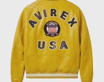 Handmade Mens Avirex Cowhide Geniune Leather Avirex Bomber Real Leather Jacket Yellow Avirex Leather Jacket Yellow Jacket