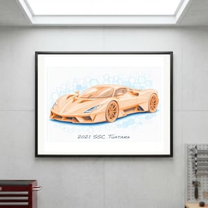 May include: A framed art print featuring a light orange 2021 SSC Tuatara sports car illustration. The car is set against a light blue grid background with hexagonal patterns. The text 2021 SSC Tuatara is printed in dark blue at the bottom centre.