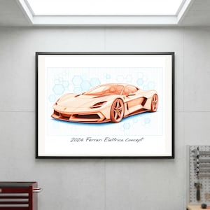 May include: A framed art print featuring a technical sketch of a 2024 Ferrari Elettrica Concept car in shades of orange and peach. The vehicle is set against a light blue grid background with hexagonal patterns. The text 2024 Ferrari Elettrica Concept is printed below the car illustration.