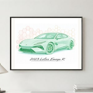 Peut inclure: Une impression d'art encadrée représentant un dessin au trait vert clair d'une voiture de sport 2023 Lotus Emeya R. Le véhicule est sur un fond de motifs en grille hexagonale orange pâle. Le texte 2023 Lotus Emeya R est imprimé en noir.