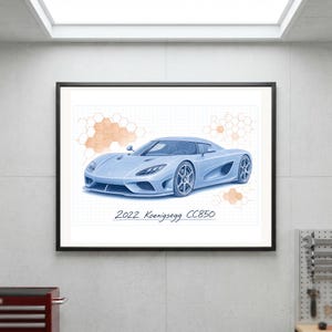 Konsttryck av 2022 Koenigsegg CC850 Blueprint | Väggkonst med exotisk/hyperbil | Digital nedladdning | Bilaffisch