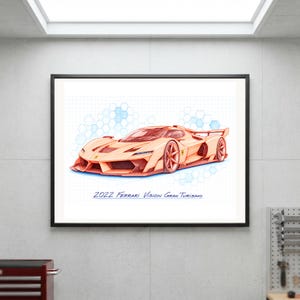 May include: A framed art print featuring a technical sketch of a 2022 Ferrari Vision Gran Turismo car. The vehicle is rendered in shades of orange and red against a white grid background with blue hexagonal patterns and the text 2022 Ferrari Vision Gran Turismo.