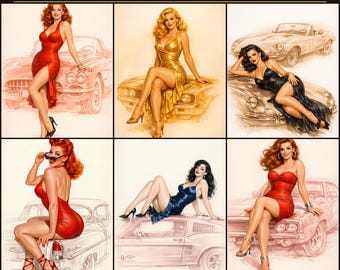 Ensemble d'affiches Pin-up Voitures | 30 illustrations vintage style Vargas | Téléchargement numérique | Décoration murale garage rétro | Art automobile classique