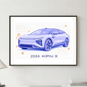 Op de afbeelding: Een ingelijste print met een blauwe lijntekening van een 2024 HiPhi X voertuig. De auto is afgebeeld tegen een witte achtergrond met een licht rasterpatroon en verspreide oranje zeshoekige vormen. De tekst 2024 HiPhi X staat eronder gedrukt.