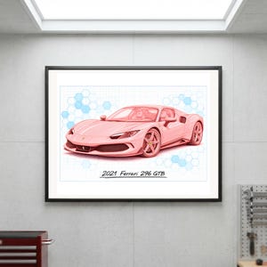 May include: A framed art print featuring a pink 2021 Ferrari 296 GTB sports car illustration set against a light blue grid background with hexagonal patterns. The text 2021 Ferrari 296 GTB is printed in black at the bottom of the car graphic.
