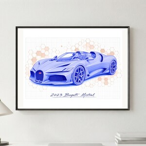 May include: A framed art print featuring a blue line drawing of a 2023 Bugatti Mistral sports car. The car is set against a background of light orange hexagonal patterns and a grid design. The text 2023 Bugatti Mistral is written below the car.