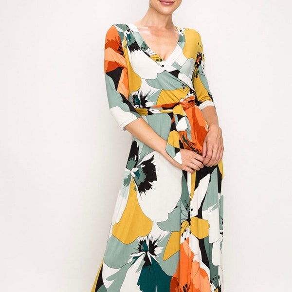 Orange Printed Wrap Dress