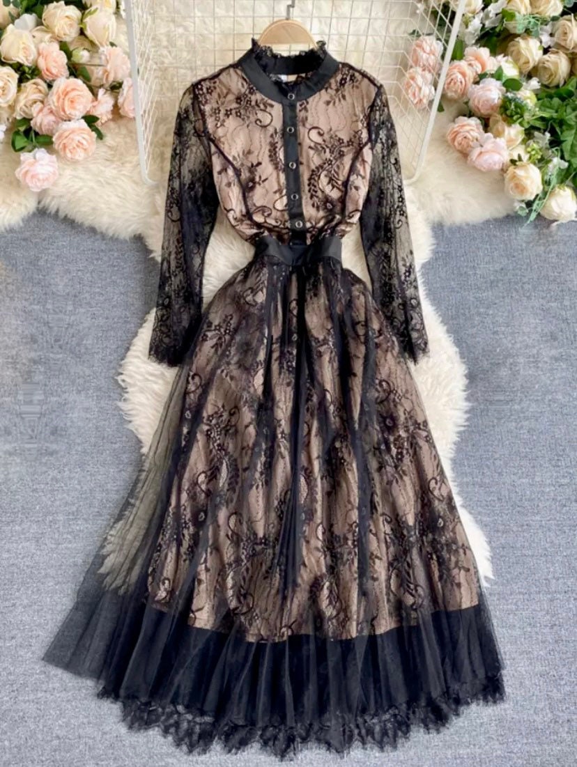 Black Patchwork Lace Maxi Dress main image 0