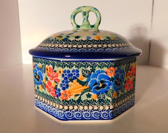 Unikat Polish Pottery Peaceful Garden Octogon Covered Box 2008 M. Starzyk 6" MINT