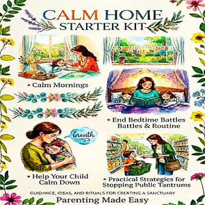 May include: A watercolor illustration titled "CALM HOME STARTER KIT" with scenes of a mother and child. The image includes text such as "Calm Mornings", "End Bedtime Battles & Routine", "Help Your Child Calm Down", and "Practical Strategies for Stopping Public Tantrums".