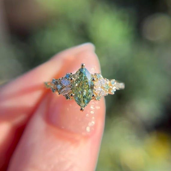 Green Marquise Cut Cluster Engagement Ring Moissanite Diamond Wedding 14K Solid Gold Anniversary Promise Ring IGI Certified LabGrown Diamond