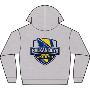 May include: A light gray hooded sweatshirt featuring a shield design with the text "BALKAN BOYS 2026 WORLD CUP". The shield incorporates the colors and flag of Bosnia and Herzegovina.