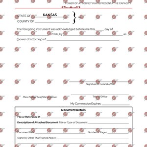 May include: A white document with the text "POWER OF ATTORNEY IN A REPRESENTATIVE CAPACITY" and "KANSAS". The document includes fields for details such as document date, file reference, and document description. The document is decorated with a repeating pattern of red and white floral designs.