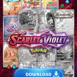 May include: A promotional image featuring a collection of Pokémon trading cards, some in color and others in grayscale. The cards showcase various Pokémon characters and are labeled with names and stats. The image includes the text "SCARLET & VIOLET Pokémon" and a "DOWNLOAD" button.