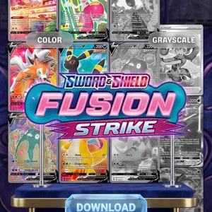 Puede incluir: Una exhibición de cartas coleccionables de Pokémon, algunas en color y otras en escala de grises. Las cartas presentan varios personajes y el logotipo "Sword & Shield Fusion Strike". Un botón azul "Descargar" está en la parte inferior.