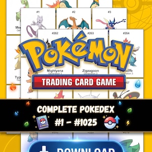 Pode incluir: Gráfico digital com o logotipo Pokémon e várias imagens de cartas colecionáveis. O texto "Trading Card Game" e "Complete Pokédex #1 - #1025" são exibidos. Um botão de download é visível.
