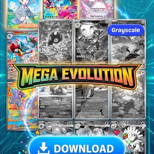 Puede incluir: Imagen digital de cartas coleccionables, algunas en color y otras en escala de grises. Las cartas muestran varios personajes y el texto "MEGA EVOLUTION" se destaca. Un botón azul "DESCARGAR" se encuentra en la parte inferior.