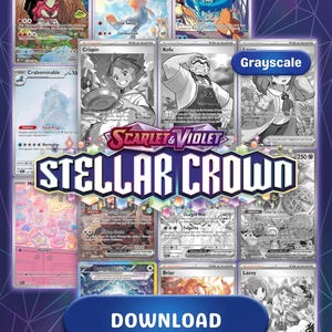 May include: A promotional image featuring Pokémon trading cards from the "Scarlet & Violet Stellar Crown" set. The image showcases cards in color and grayscale, with the word "DOWNLOAD" in a blue oval.