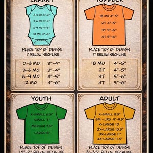 May include: A size placement guide chart featuring four sections for infant, toddler, youth, and adult apparel. Each section displays a shirt or bodysuit icon with text indicating specific design placement measurements in inches.