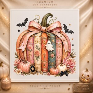 May include: A DTF transfer design featuring a pumpkin constructed from vertical vintage-style books in pastel shades of pink, orange, and blue. The pumpkin is topped with a large pink bow, a ghost charm, and surrounded by roses, bats, and stars.