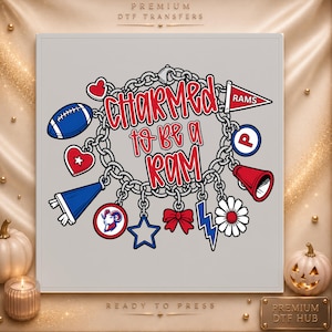 May include: A graphic design featuring a silver chain bracelet with various charms including a football, a red pennant with the text RAMS, a red megaphone, a ram head logo, a blue lightning bolt, a red bow, a star, and a flower. The text reads Charmed to be a RAM.