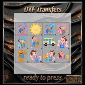Peut inclure: Une grille de douze transferts DTF présentant des illustrations de dessin animé d'une femme en salopette bleue, une marionnette orange, un soleil jaune, un bus scolaire jaune marqué Ms. Rachel et le chiffre un, avec le texte Birthday Girl.