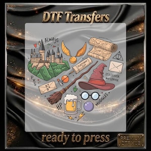 May include: A DTF transfer sheet featuring a collection of wizarding-themed illustrations including a castle, a golden snitch, a broomstick, a sorting hat, round glasses, a scroll, and a mug of beer, with text including Always, Platform 9 3/4, and It's Leviosa, Not Leviosa.