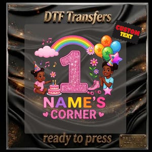 Custom Birthday Name DTF Transfer,  Black Cartoon Girl's Corner Birthday Party Ready To Press, Personalized Cartoon Character Heat Transfer