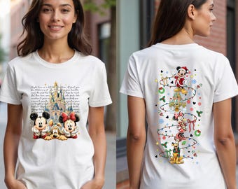 May include: A white t-shirt featuring a front graphic of Mickey Mouse, Minnie Mouse, and Pluto in front of a castle with cursive text. The back graphic displays the same characters stacked vertically, connected by a string of colorful Christmas lights.