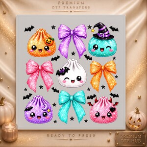 May include: A sheet of premium DTF transfers featuring a collection of cute, glittery Halloween-themed illustrations including colorful dumplings with faces, bows in various shades, small black bats, and stars on a light gray background.