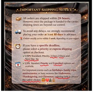 May include: A rectangular informational sign with a black, draped fabric border and a light gray center. The text reads IMPORTANT SHIPPING NOTICE, followed by details regarding order processing, shipping times, and holiday deadlines.