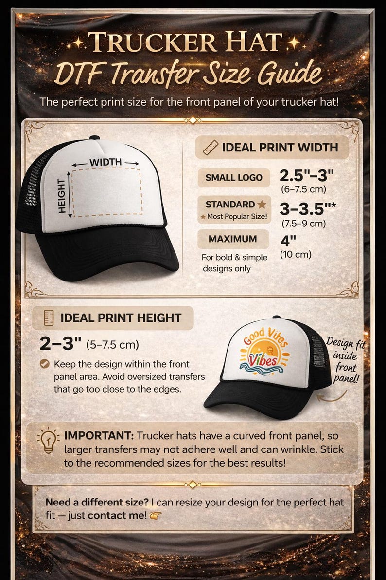 May include: A Trucker Hat DTF Transfer Size Guide infographic featuring a black and white trucker hat with a rectangular area marked for width and height. It lists ideal print widths from 2.5 to 4 inches and heights from 2 to 3 inches.