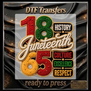 May include: DTF Transfers design with the words "1865 Juneteenth" in a colorful, textured style. The design includes the words "History, Culture, Excellence, Respect" and "ready to press".