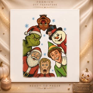 May include: A DTF transfer sheet featuring a graphic illustration of various holiday characters including a green creature, Santa Claus, a snowman, an elf, a young boy with hands on his face, and a reindeer, with the text PREMIUM DTF TRANSFERS.