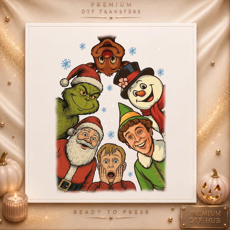 May include: A DTF transfer sheet featuring a graphic illustration of various holiday characters including a green creature, Santa Claus, a snowman, an elf, a young boy with hands on his face, and a reindeer, with the text PREMIUM DTF TRANSFERS.