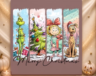 May include: A DTF transfer sheet featuring four vertical panels with illustrations of a green creature wrapped in Christmas lights, a decorated pine tree, a young person with a large red bow holding a gift, and a dog wearing a Santa hat. The text Merry Christmas is written in black script below the panels.