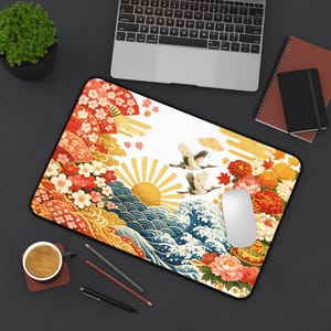 Japanese Sunrise Wave Floral Desk Mat | Crane, Waves, Sakura