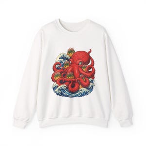 Red Octopus Wave Crewneck Sweatshirt | Nautical Ocean Art