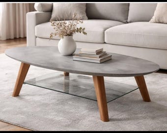 Concrete Top Wood Base Oval Coffee Table – Modern Living Room Furniture