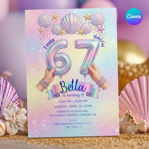 Puede incluir: Una invitación de cumpleaños con temática de sirenas. La invitación presenta el texto "Tenía 6, ahora tengo 7" con el nombre "Bella" y detalles de la fiesta. El diseño incluye gráficos de conchas marinas y estrellas, con una paleta de colores pastel.