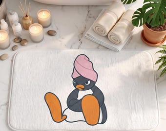 Penguin Wearing Head Towel Bath Mat, Funny Animal Bathroom Decor, Quirky Penguin In Bathrobe Bath Rug, Housewarming Gift