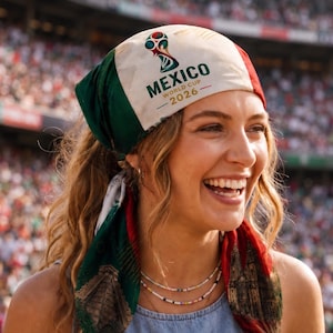 May include: A headscarf featuring the colours of the Mexican flag in green, white, and red. The white centre panel displays the official Mexico World Cup 2026 logo and text. The fabric includes printed architectural details near the bottom edges.