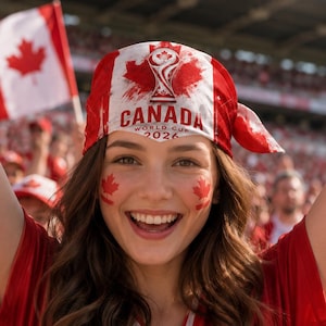 Könnte beinhalten: Ein rot-weißes Kopftuch mit dem Text CANADA WORLD CUP 2026 und einer Trophäengrafik. Das Kopftuch wird auf dem Kopf getragen und mit einem roten V-Ausschnitt-Shirt kombiniert, das ein Ahornblatt-Emblem und das Wort CANADA in weißen Buchstaben zeigt.