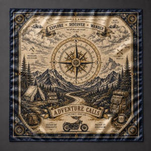 May include: A square bandana featuring a vintage-style map design with a central compass rose, mountain ranges, a tent, a motorcycle, and a backpack. Text includes "EXPLORE DISCOVER WANDER", "ADVENTURE CALLS", "THE MOUNTAINS ARE CALLING", and "AND I MUST GO".