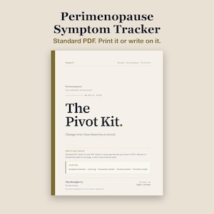 Cover page of The Pivot Kit on a warm cream background, with the headline "Perimenopause Symptom Tracker" and the line "Standard PDF. Print it or write on it." above it.